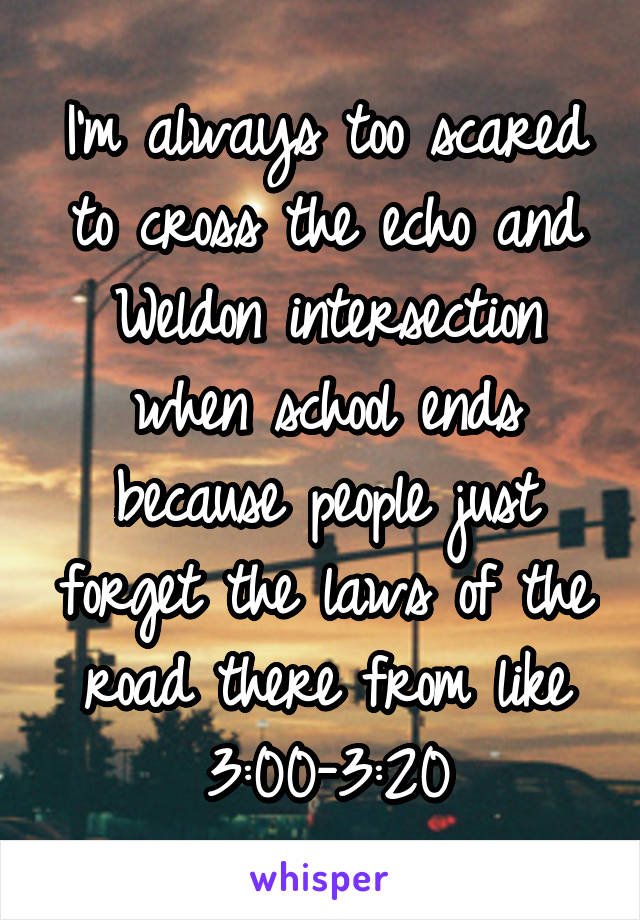 I'm always too scared to cross the echo and Weldon intersection when school ends because people just forget the laws of the road there from like 3:00-3:20