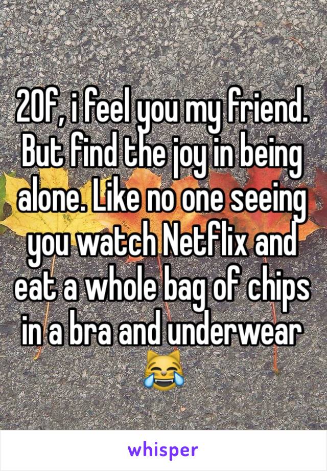 20f, i feel you my friend. But find the joy in being alone. Like no one seeing you watch Netflix and eat a whole bag of chips in a bra and underwear 😹