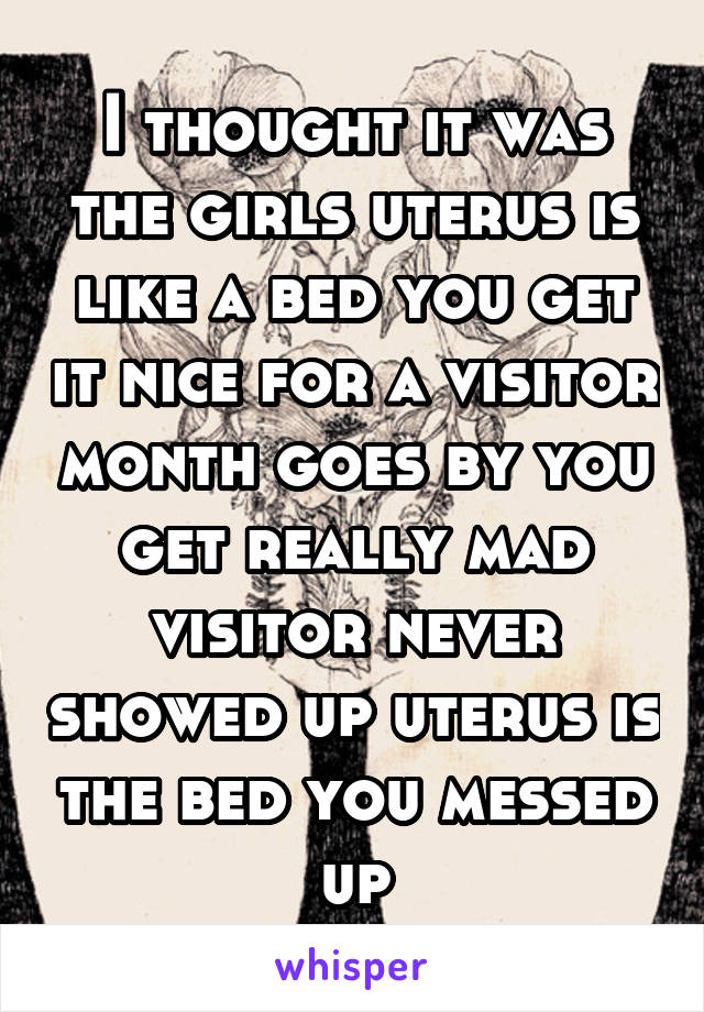 I thought it was the girls uterus is like a bed you get it nice for a visitor month goes by you get really mad visitor never showed up uterus is the bed you messed up
