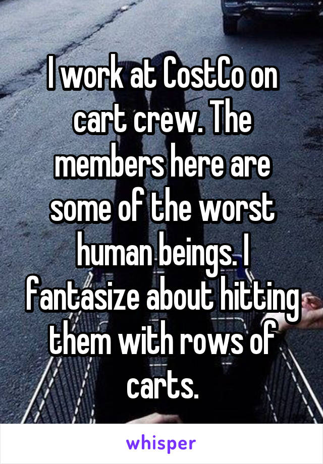 I work at CostCo on cart crew. The members here are some of the worst human beings. I fantasize about hitting them with rows of carts.