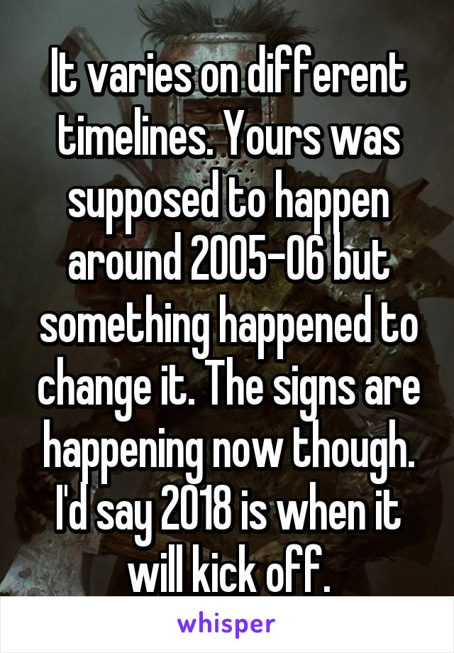 It varies on different timelines. Yours was supposed to happen around 2005-06 but something happened to change it. The signs are happening now though. I'd say 2018 is when it will kick off.