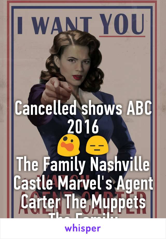 Cancelled shows ABC 2016
 😲 😑 
The Family Nashville Castle Marvel's Agent Carter The Muppets The Family