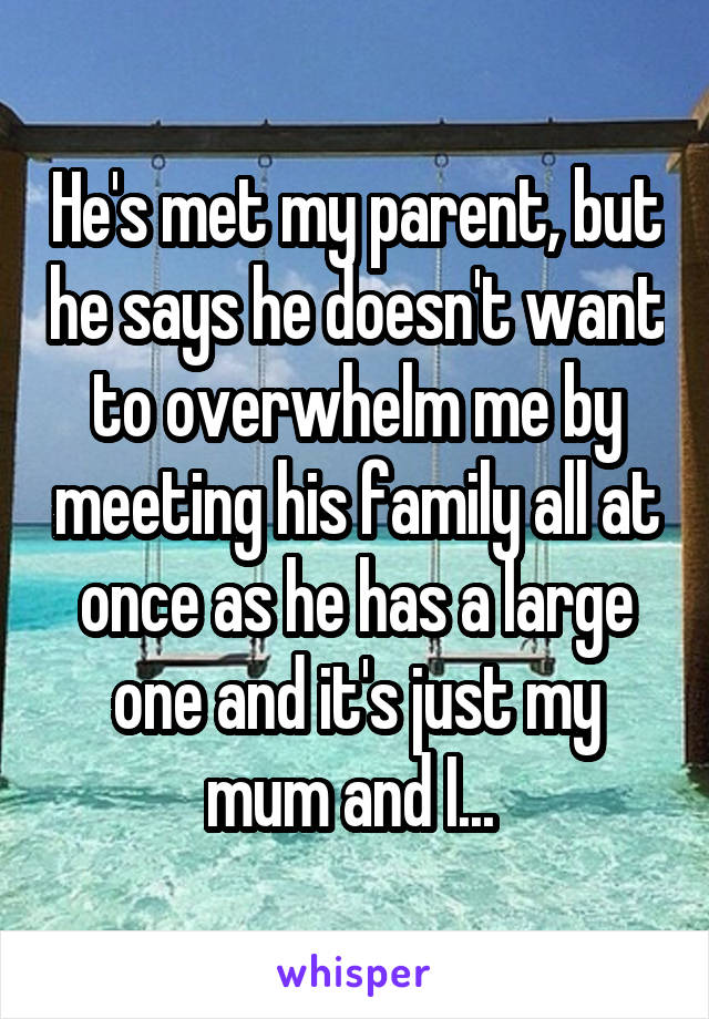He's met my parent, but he says he doesn't want to overwhelm me by meeting his family all at once as he has a large one and it's just my mum and I... 