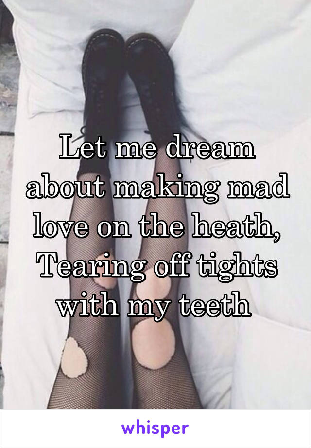 Let me dream about making mad love on the heath,
Tearing off tights with my teeth 