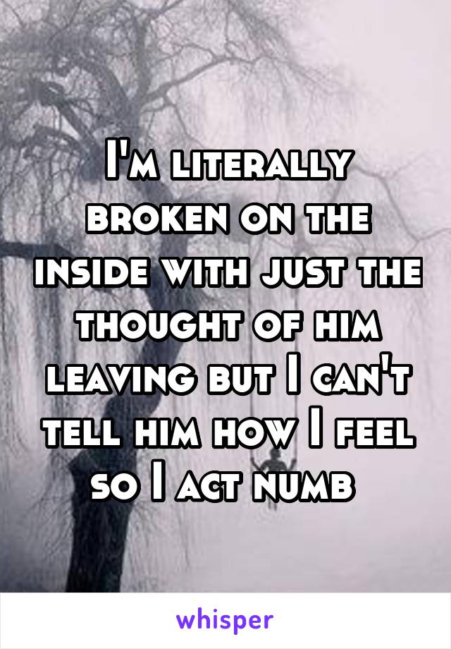 I'm literally broken on the inside with just the thought of him leaving but I can't tell him how I feel so I act numb 