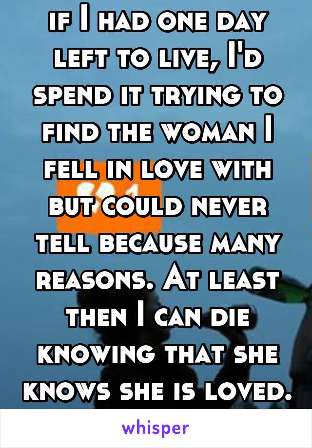 if I had one day left to live, I'd spend it trying to find the woman I fell in love with but could never tell because many reasons. At least then I can die knowing that she knows she is loved. 