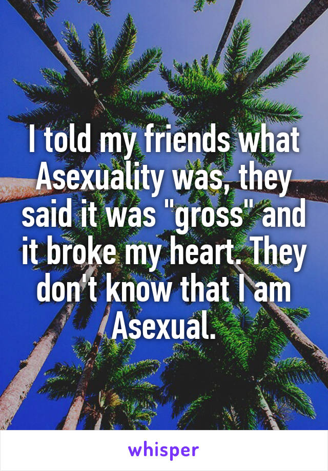 I told my friends what Asexuality was, they said it was "gross" and it broke my heart. They don't know that I am Asexual.