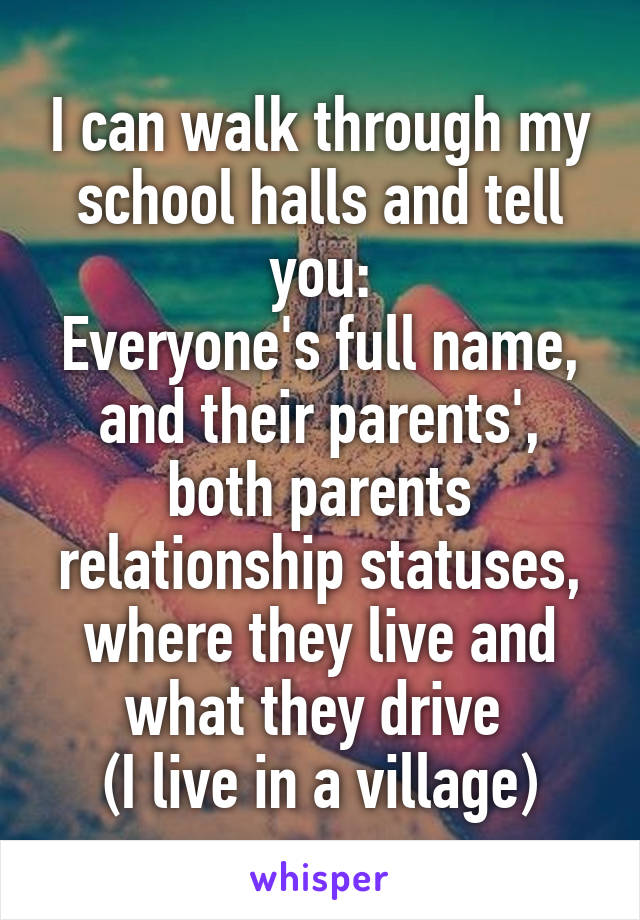 I can walk through my school halls and tell you:
Everyone's full name, and their parents', both parents relationship statuses, where they live and what they drive 
(I live in a village)