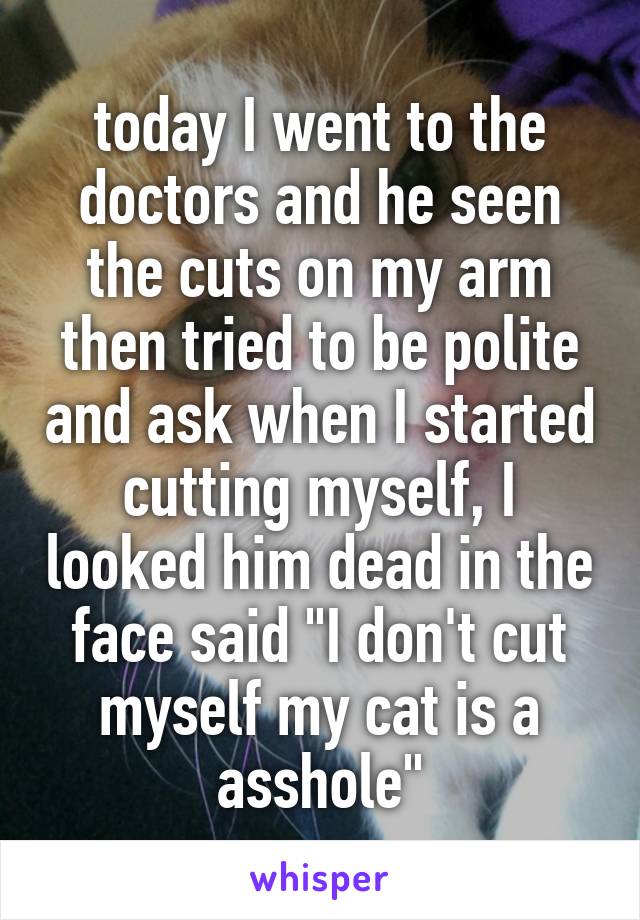 today I went to the doctors and he seen the cuts on my arm then tried to be polite and ask when I started cutting myself, I looked him dead in the face said "I don't cut myself my cat is a asshole"