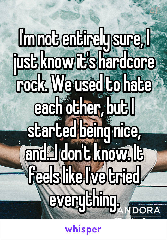 I'm not entirely sure, I just know it's hardcore rock. We used to hate each other, but I started being nice, and...I don't know. It feels like I've tried everything.