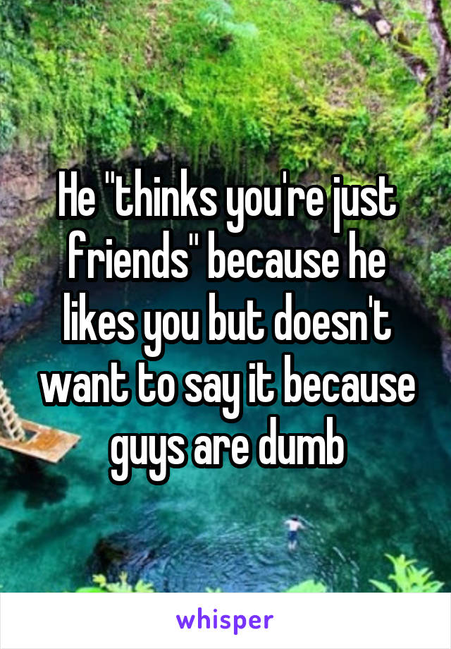 He "thinks you're just friends" because he likes you but doesn't want to say it because guys are dumb