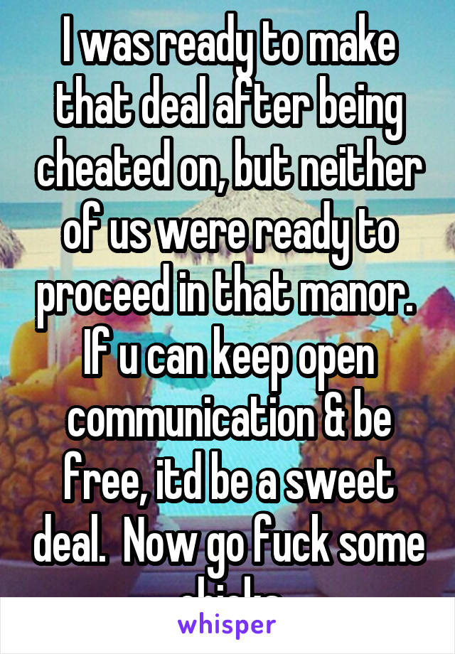 I was ready to make that deal after being cheated on, but neither of us were ready to proceed in that manor.  If u can keep open communication & be free, itd be a sweet deal.  Now go fuck some chicks