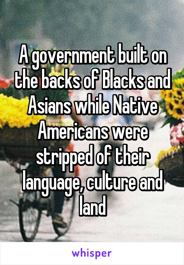 A government built on the backs of Blacks and Asians while Native Americans were stripped of their language, culture and land