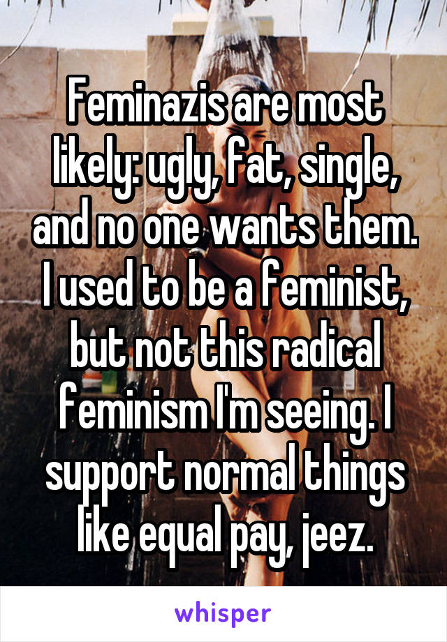 Feminazis are most likely: ugly, fat, single, and no one wants them. I used to be a feminist, but not this radical feminism I'm seeing. I support normal things like equal pay, jeez.