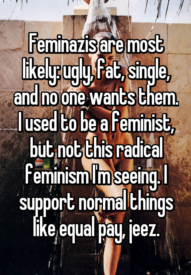 Feminazis are most likely: ugly, fat, single, and no one wants them. I used to be a feminist, but not this radical feminism I'm seeing. I support normal things like equal pay, jeez.