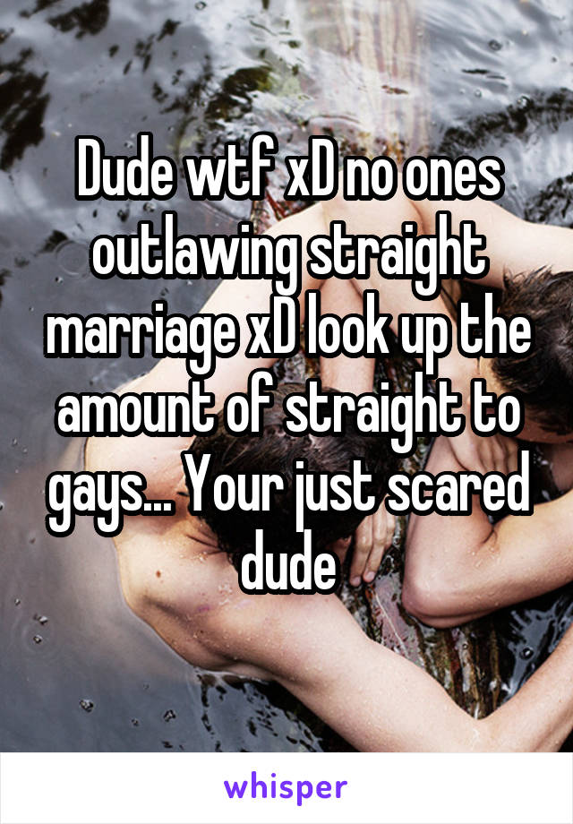 Dude wtf xD no ones outlawing straight marriage xD look up the amount of straight to gays... Your just scared dude
