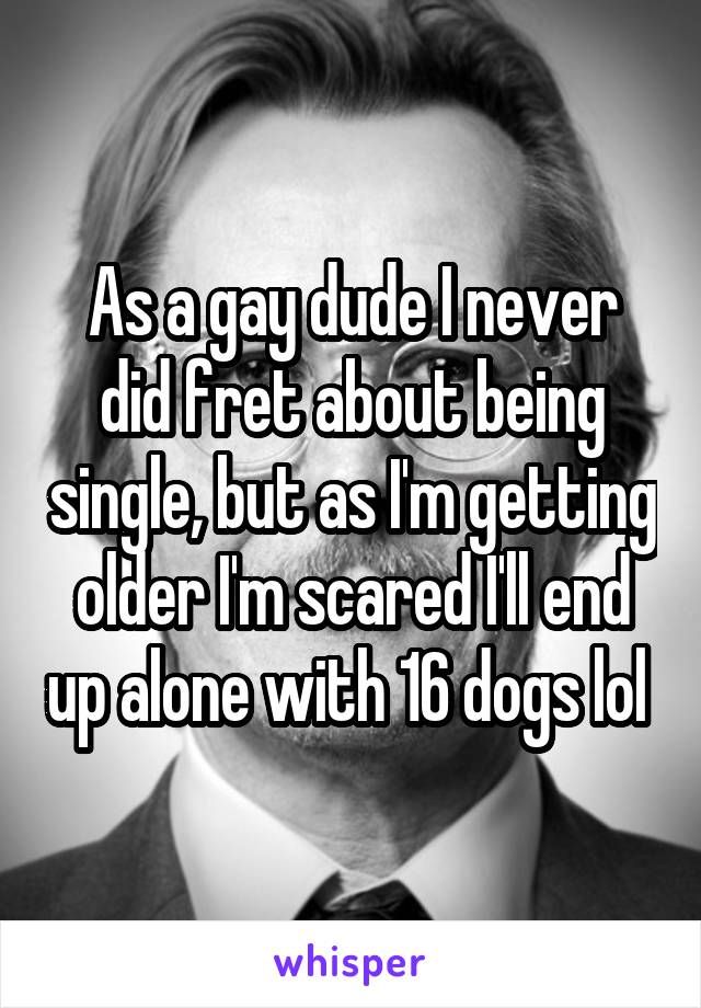 As a gay dude I never did fret about being single, but as I'm getting older I'm scared I'll end up alone with 16 dogs lol 