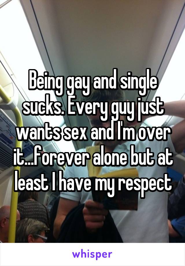 Being gay and single sucks. Every guy just wants sex and I'm over it...forever alone but at least I have my respect