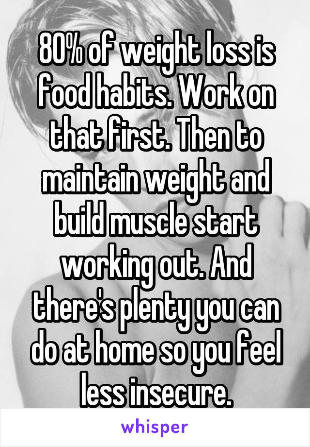 80% of weight loss is food habits. Work on that first. Then to maintain weight and build muscle start working out. And there's plenty you can do at home so you feel less insecure.