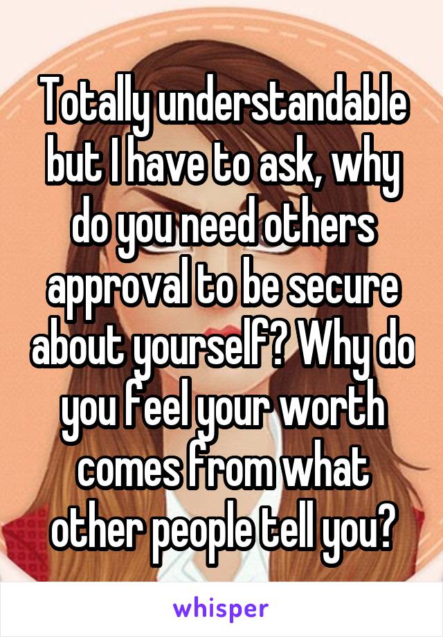 Totally understandable but I have to ask, why do you need others approval to be secure about yourself? Why do you feel your worth comes from what other people tell you?