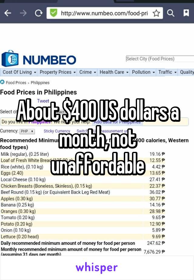 About $400 US dollars a month, not unaffordable