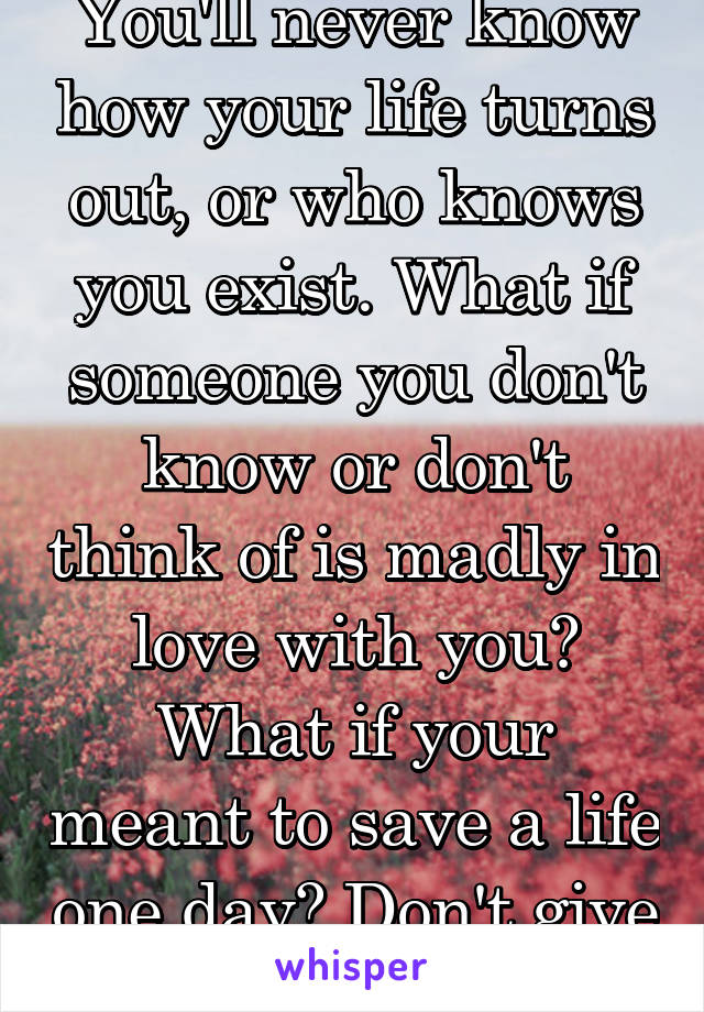 You'll never know how your life turns out, or who knows you exist. What if someone you don't know or don't think of is madly in love with you? What if your meant to save a life one day? Don't give up!