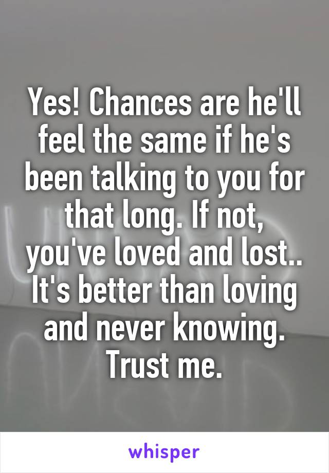 Yes! Chances are he'll feel the same if he's been talking to you for that long. If not, you've loved and lost.. It's better than loving and never knowing. Trust me.