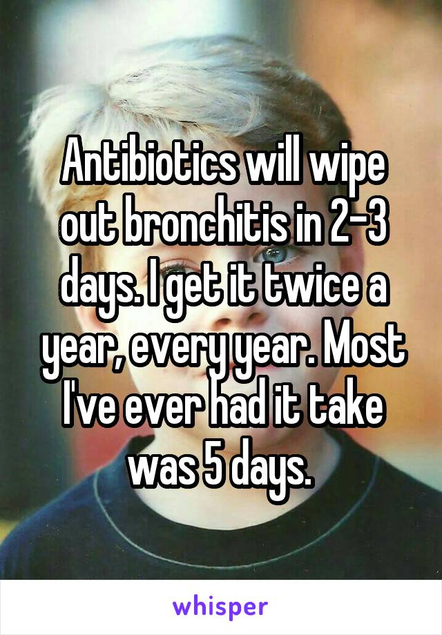 Antibiotics will wipe out bronchitis in 2-3 days. I get it twice a year, every year. Most I've ever had it take was 5 days. 