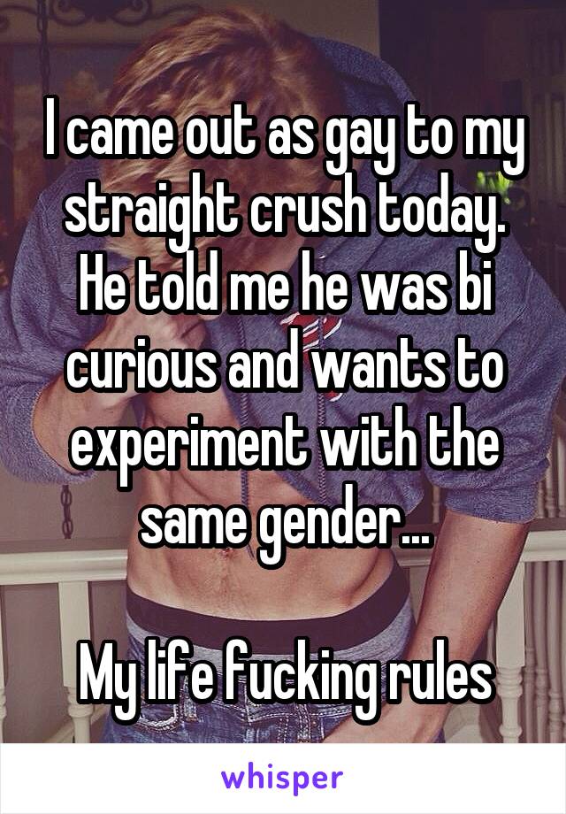 I came out as gay to my straight crush today. He told me he was bi curious and wants to experiment with the same gender...

My life fucking rules