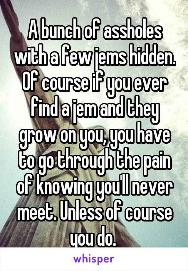 A bunch of assholes with a few jems hidden. Of course if you ever find a jem and they grow on you, you have to go through the pain of knowing you'll never meet. Unless of course you do. 