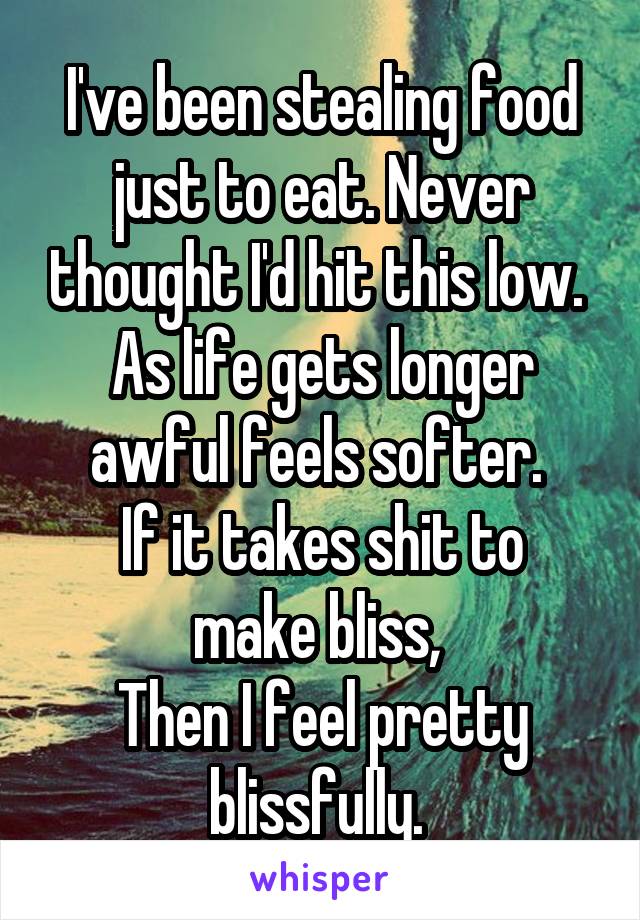 I've been stealing food just to eat. Never thought I'd hit this low. 
As life gets longer awful feels softer. 
If it takes shit to make bliss, 
Then I feel pretty blissfully. 