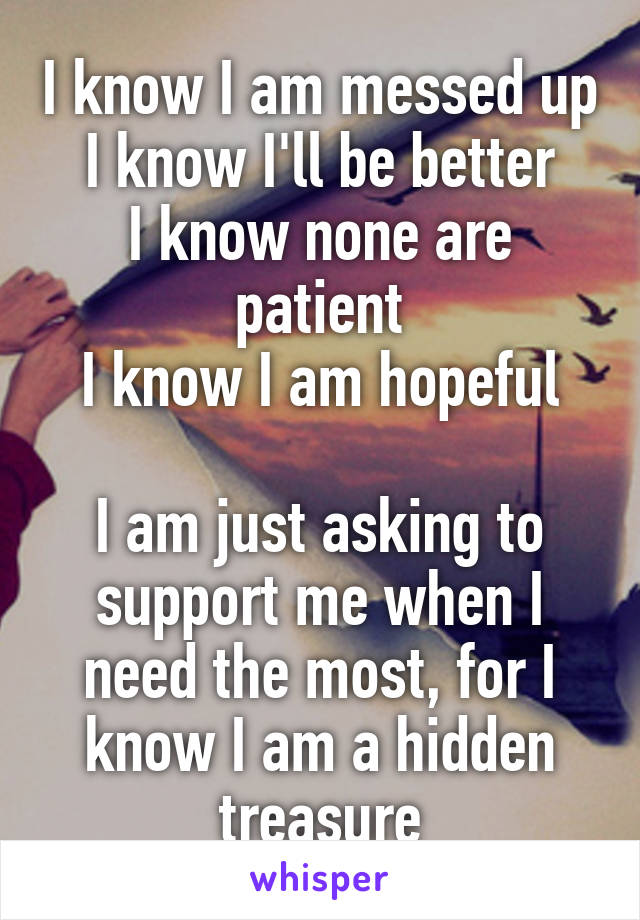 I know I am messed up
I know I'll be better
I know none are patient
I know I am hopeful

I am just asking to support me when I need the most, for I know I am a hidden treasure