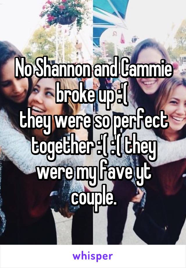 No Shannon and Cammie broke up :'( 
they were so perfect together :'( :'( they were my fave yt couple.