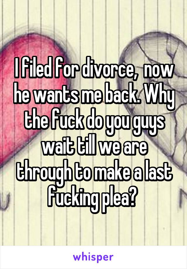 I filed for divorce,  now he wants me back. Why the fuck do you guys wait till we are through to make a last fucking plea? 