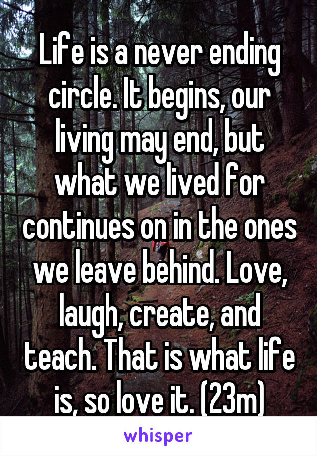 Life is a never ending circle. It begins, our living may end, but what we lived for continues on in the ones we leave behind. Love, laugh, create, and teach. That is what life is, so love it. (23m)