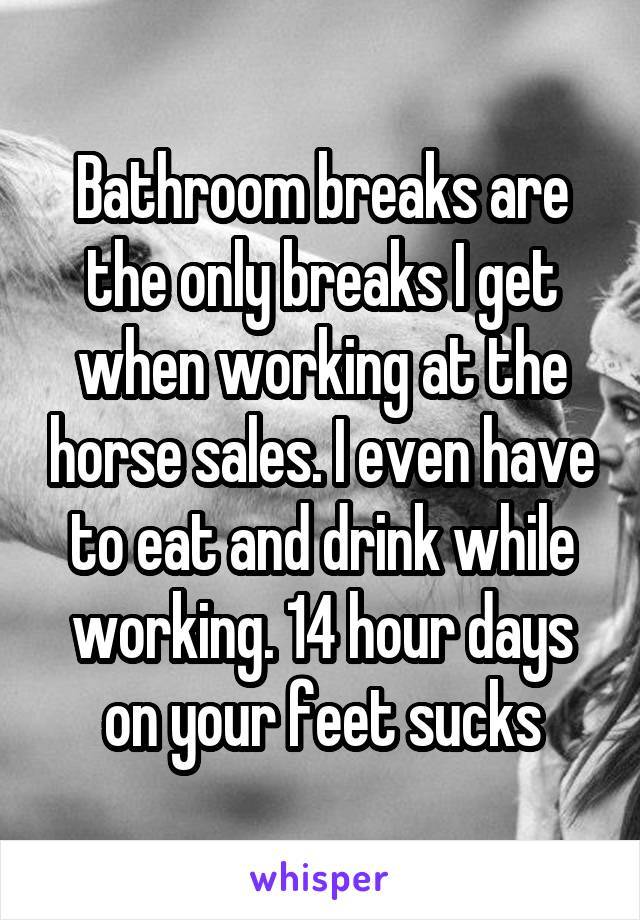 Bathroom breaks are the only breaks I get when working at the horse sales. I even have to eat and drink while working. 14 hour days on your feet sucks