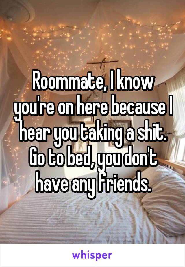 Roommate, I know you're on here because I hear you taking a shit. Go to bed, you don't have any friends.