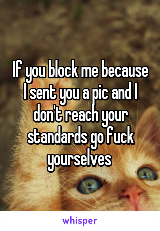 If you block me because I sent you a pic and I don't reach your standards go fuck yourselves 