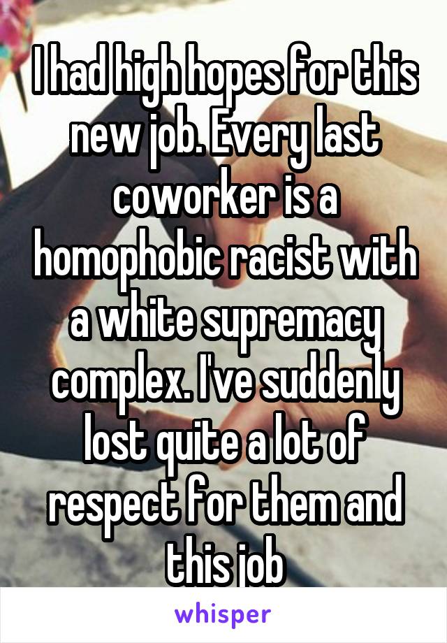 I had high hopes for this new job. Every last coworker is a homophobic racist with a white supremacy complex. I've suddenly lost quite a lot of respect for them and this job