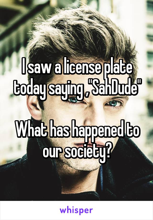 I saw a license plate today saying ,"SahDude"

What has happened to our society?