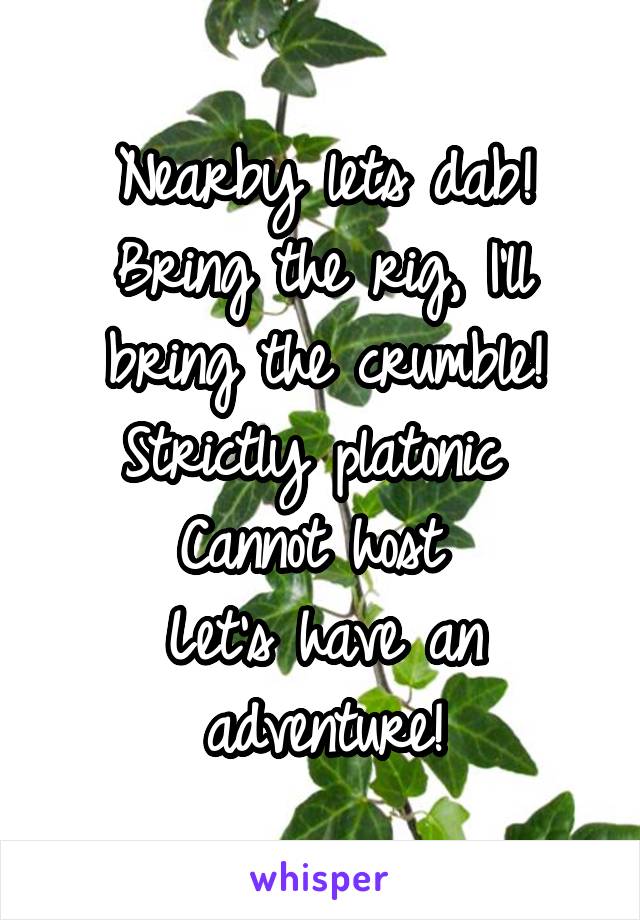 Nearby lets dab! Bring the rig, I'll bring the crumble!
Strictly platonic 
Cannot host 
Let's have an adventure!