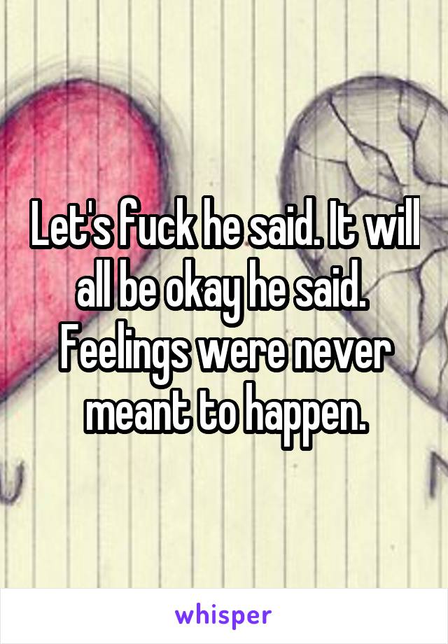 Let's fuck he said. It will all be okay he said. 
Feelings were never meant to happen.