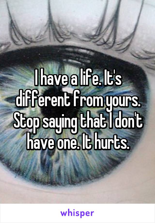 I have a life. It's different from yours. Stop saying that I don't have one. It hurts.