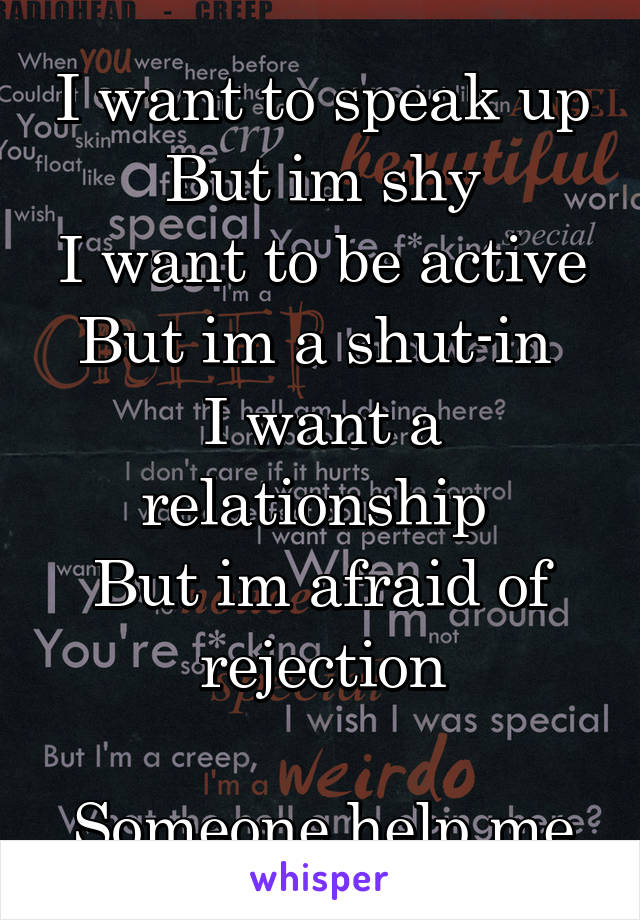 I want to speak up
But im shy
I want to be active
But im a shut-in 
I want a relationship 
But im afraid of rejection

Someone help me