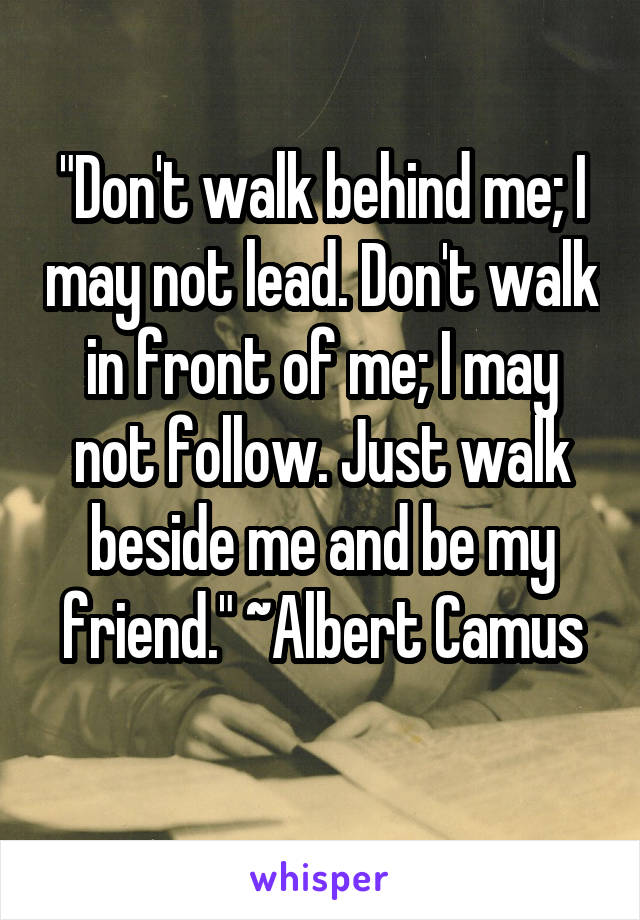 "Don't walk behind me; I may not lead. Don't walk in front of me; I may not follow. Just walk beside me and be my friend." ~Albert Camus
