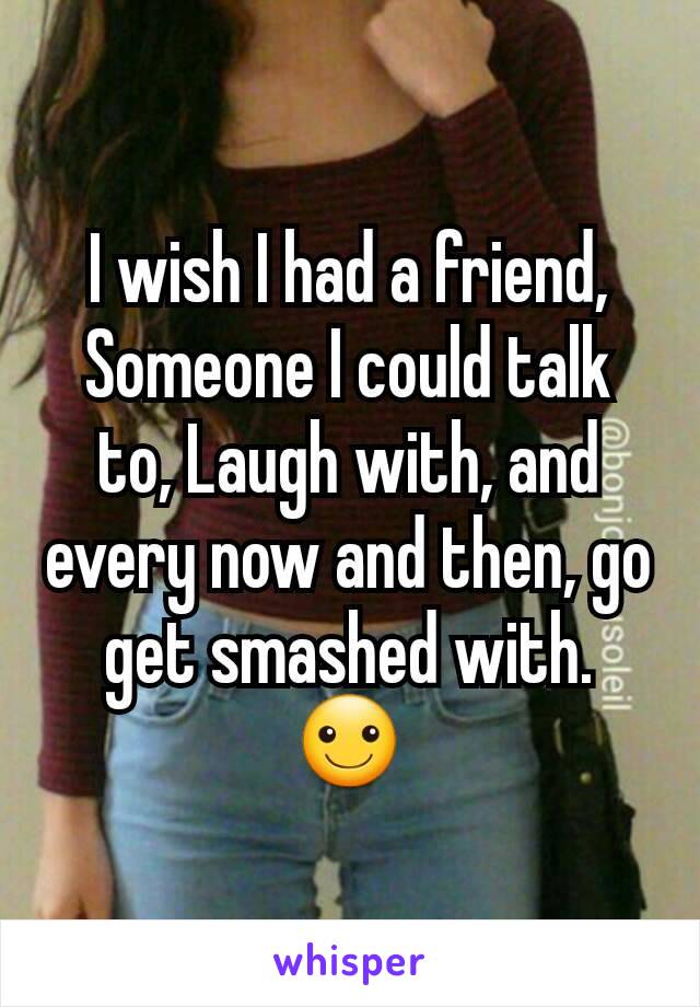 I wish I had a friend, Someone I could talk to, Laugh with, and every now and then, go get smashed with.  ☺