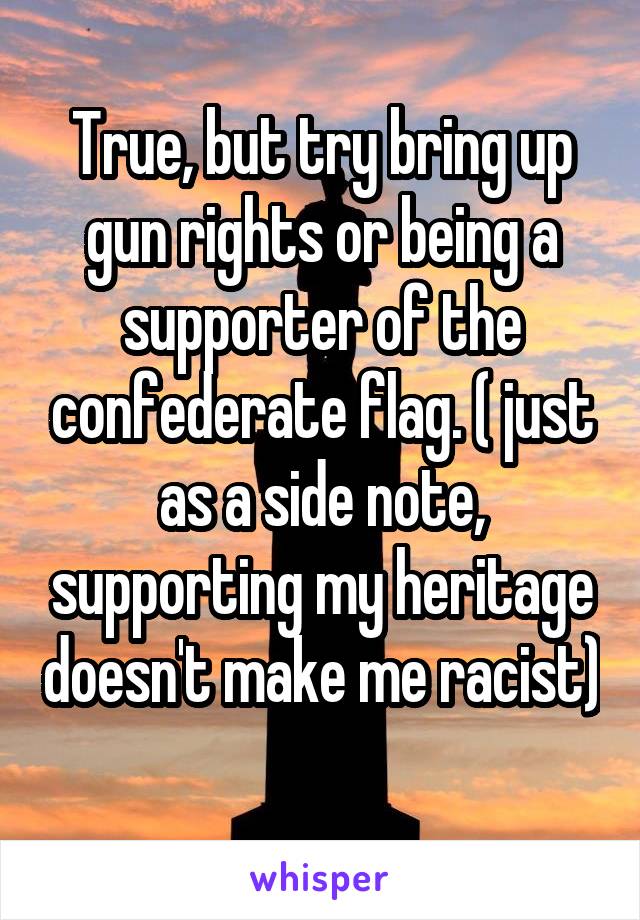 True, but try bring up gun rights or being a supporter of the confederate flag. ( just as a side note, supporting my heritage doesn't make me racist) 