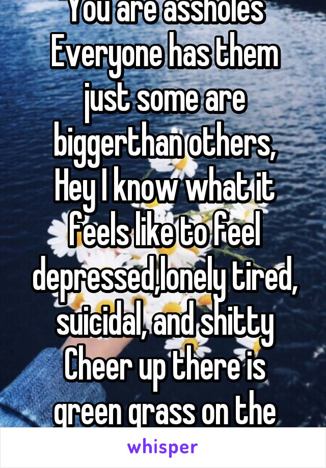 "You are assholes"
Everyone has them just some are biggerthan others,
Hey I know what it feels like to feel depressed,lonely tired, suicidal, and shitty
Cheer up there is green grass on the other side