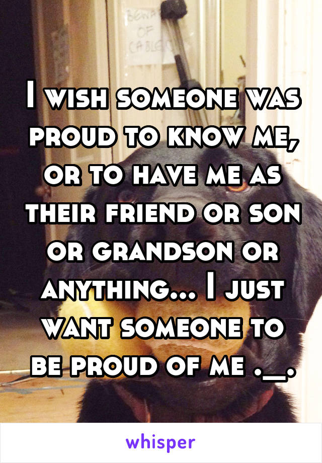 I wish someone was proud to know me, or to have me as their friend or son or grandson or anything... I just want someone to be proud of me ._.