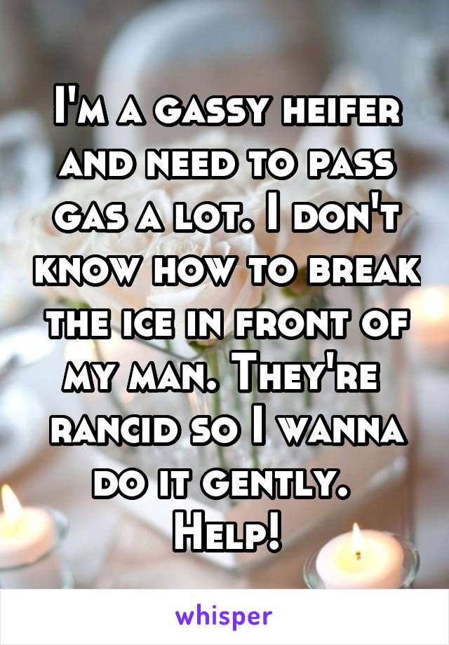 I'm a gassy heifer and need to pass gas a lot. I don't know how to break the ice in front of my man. They're  rancid so I wanna do it gently. 
Help!